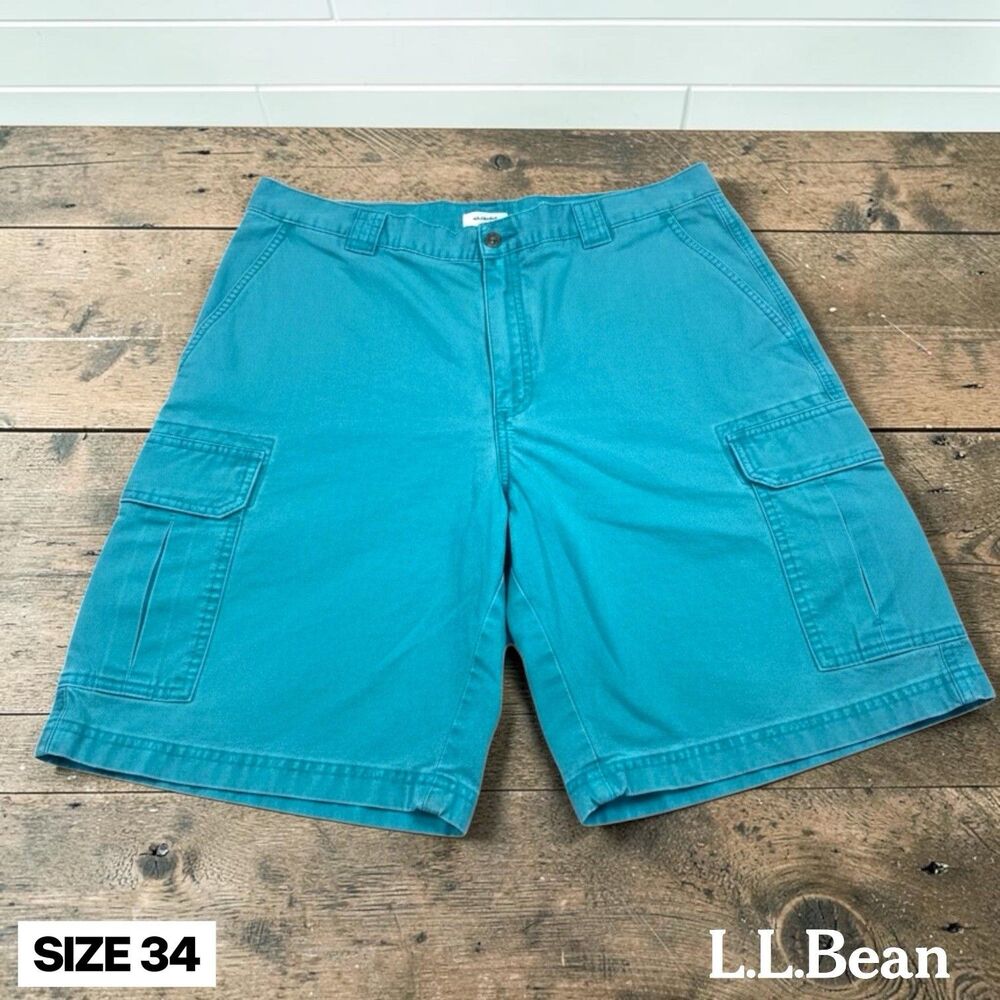 LL Bean Shorts Mens 34" Pathfinder Cargo Canvas Blue Hike Outdoor Sun Washed